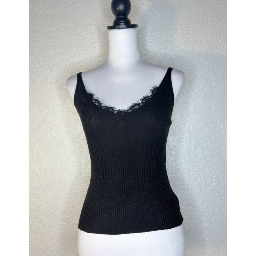 Y2K Lace Trim Tank Top Black Women's Small Ribbed Witchy Romantic Stretch Casual